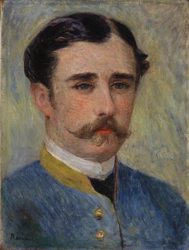 A moustached man with dark hair faces forward in a blue uniform jacket with gold buttons and a mustard-yellow collar, against a muted grey-green background.