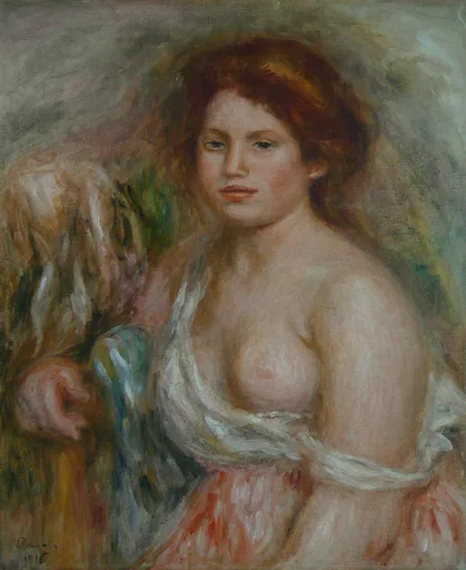A red-haired woman with white cloth draped around her torso stands beside a seated companion, against a blended green background, in flesh and cream tones.