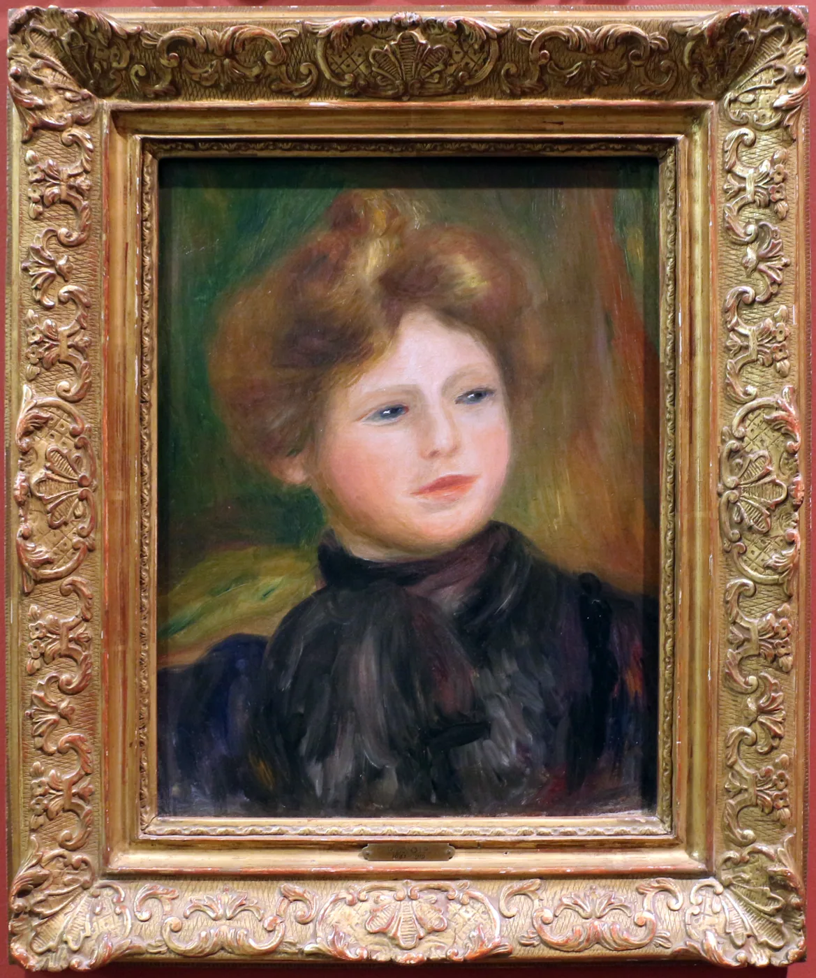 A woman with upswept auburn hair glances aside, wearing a dark high-collared blouse against a green and ochre background, in auburn and green tones.