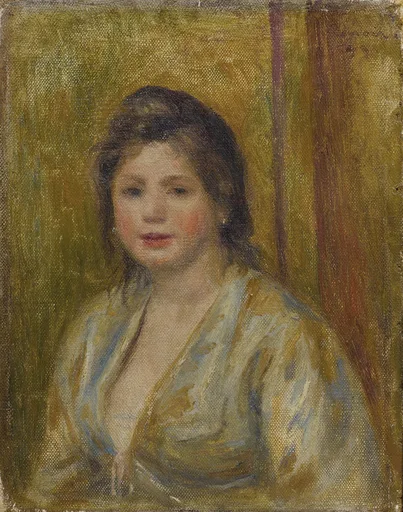 A dark-haired woman gazes forward, her blue and gold striped blouse open at the chest, against a warm ochre background.