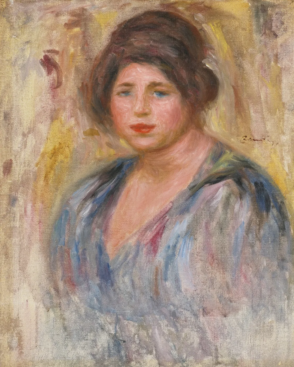 A woman with blue eyes and upswept brown hair wears a loose blue wrap, against a loosely brushed golden background, in gold, blue, and rose tones.
