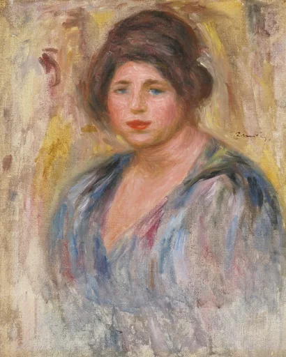 A woman with blue eyes and upswept brown hair wears a loose blue wrap, against a loosely brushed golden background, in gold, blue, and rose tones.