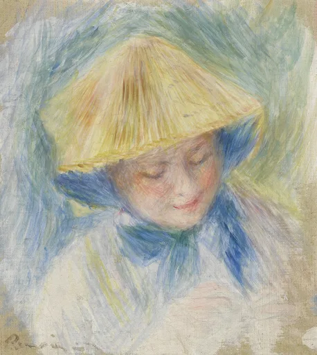 A woman with closed eyes wears a wide conical straw hat and a blue scarf, against a blue-green background.