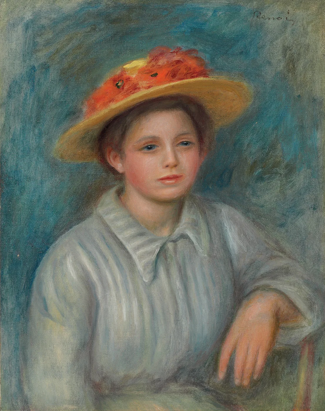 A young woman in a straw hat topped with orange-red flowers rests one arm on a chair back, before a teal background, in soft teal and orange tones.