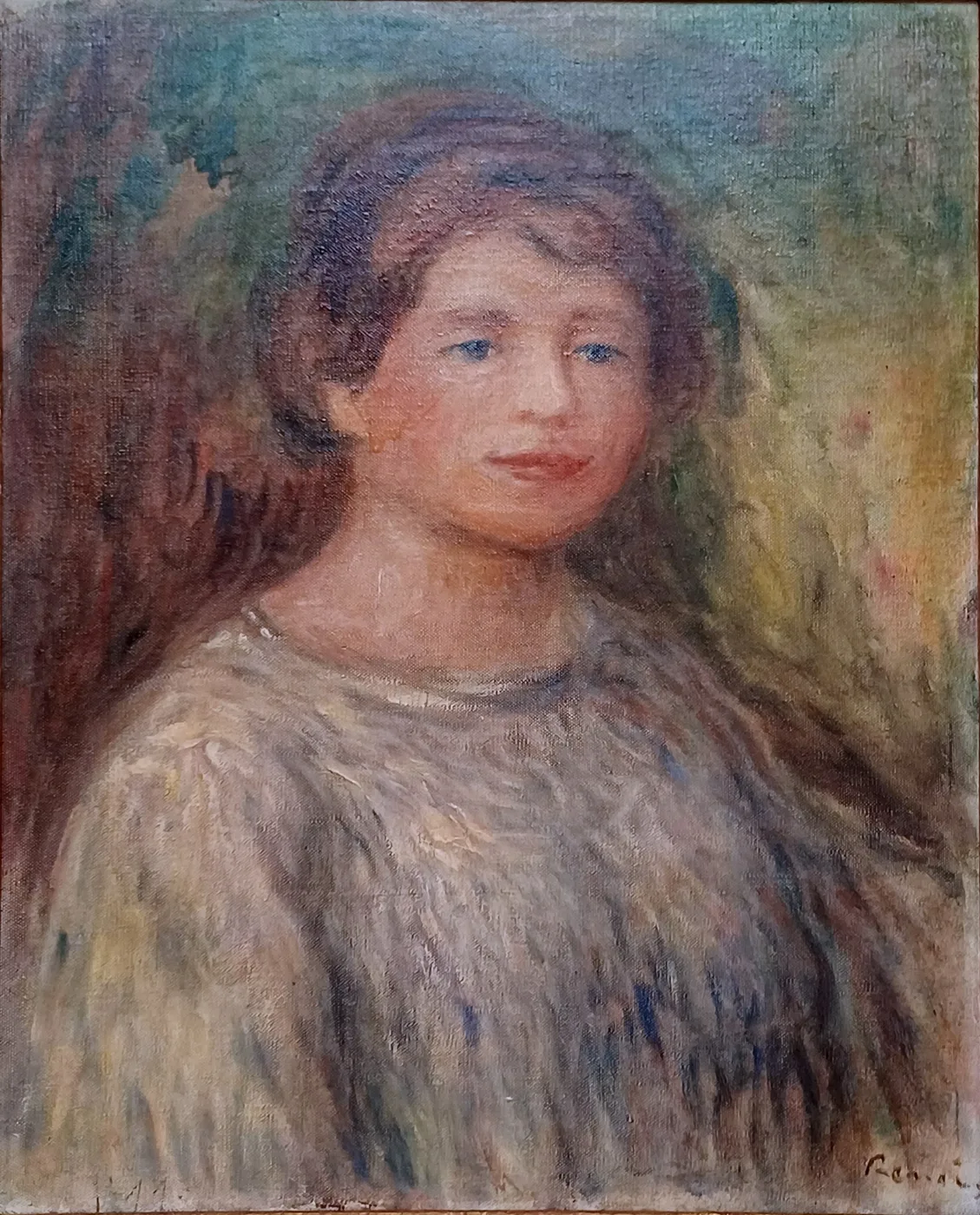 A blue-eyed young woman with rosy cheeks and a loose gray blouse is painted against a soft green and brown backdrop, in blue, rose, and olive.