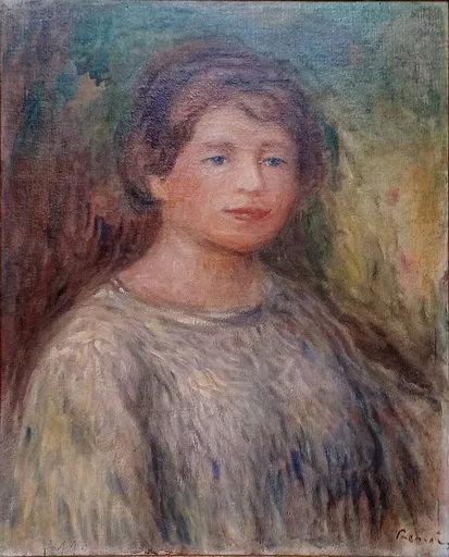 A blue-eyed young woman with rosy cheeks and a loose gray blouse is painted against a soft green and brown backdrop, in blue, rose, and olive.