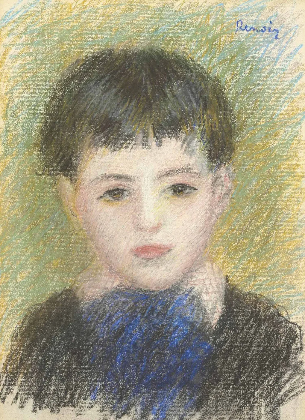 A pastel portrait of a young boy with dark bowl-cut hair and pale skin, wearing a blue garment against a hatched green and gold background.