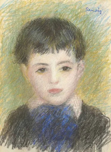 A pastel portrait of a young boy with dark bowl-cut hair and pale skin, wearing a blue garment against a hatched green and gold background.