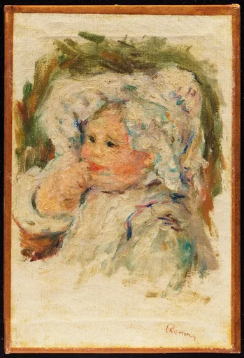 A small child's face peeks out from a loosely painted white bonnet with ribbons, rendered in quick strokes of green, pink, and cream.