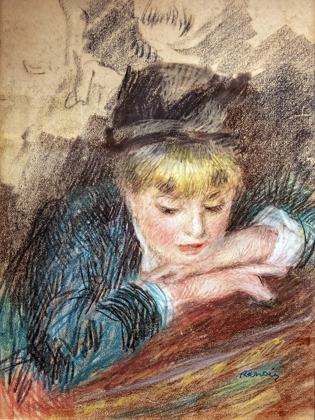 A pastel sketch of a girl in a dark hat resting her chin on her folded hands, looking downward, in earthy brown, teal, and cream tones.