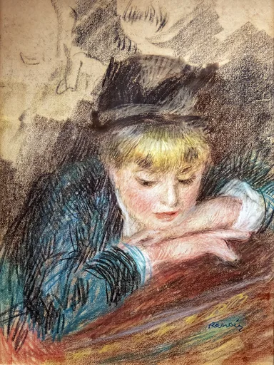 A pastel sketch of a girl in a dark hat resting her chin on her folded hands, looking downward, in earthy brown, teal, and cream tones.