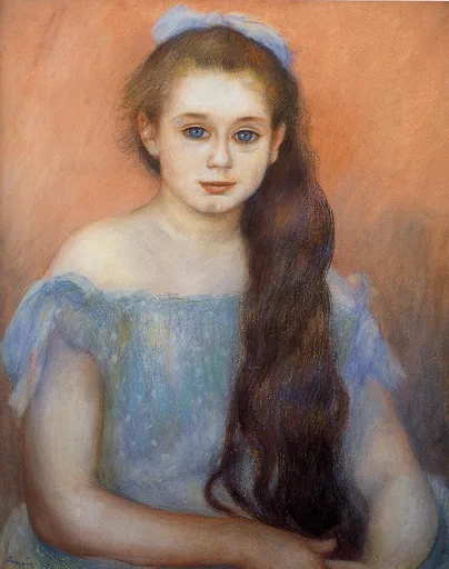 A pastel portrait of a girl with wide blue eyes and a blue bow, brown hair falling over her off-shoulder blue dress, against a coral background.