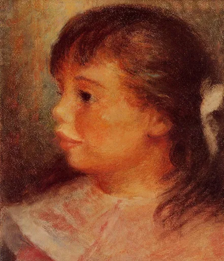 A profile portrait of a young girl with dark hair and a white bow, rendered in warm orange and red pastel tones.