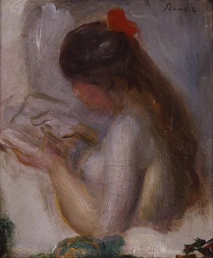 A girl with a red ribbon in her dark hair bends over a book held in her lap, seen from behind, in soft grey, brown, and cream tones