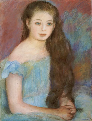 A young girl with long brown hair and blue eyes in an off-shoulder blue dress, in soft blue, coral, and cream tones
