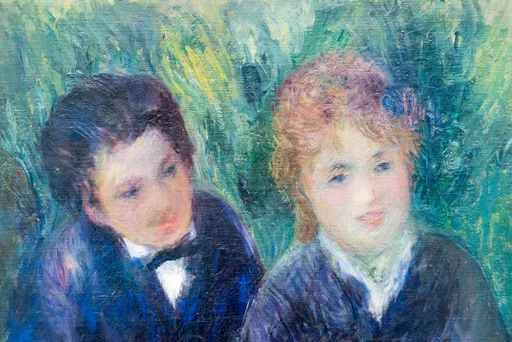A dark-haired young man in a bow tie and a curly auburn-haired young woman are painted close together against a leafy green backdrop, in green, navy, and pink.
