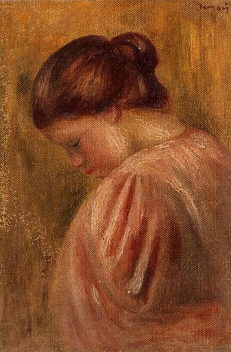 A woman with hair gathered in a bun bows her head, seen from behind in a pink-red garment, against a warm ochre background, in rust, pink, and gold tones