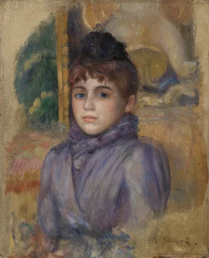 A young woman with a dark upswept hairstyle and fringe looks out in a lavender coat with a soft scarf, before a loosely painted tan interior.