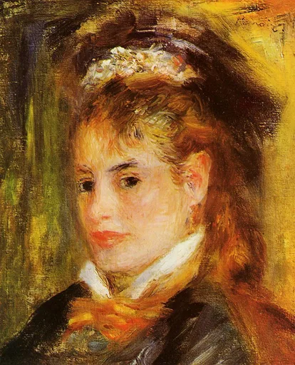 A young woman with a flowered headband, white collar, and red bow at her neck, in warm amber, ochre, and rust tones