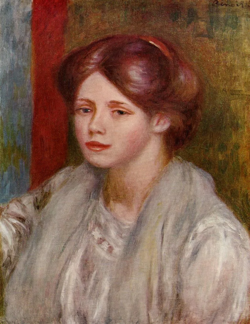 A young woman with a red hairband and reddish-brown hair wears a pale grey blouse, before a red and green striped background, in grey and auburn tones.