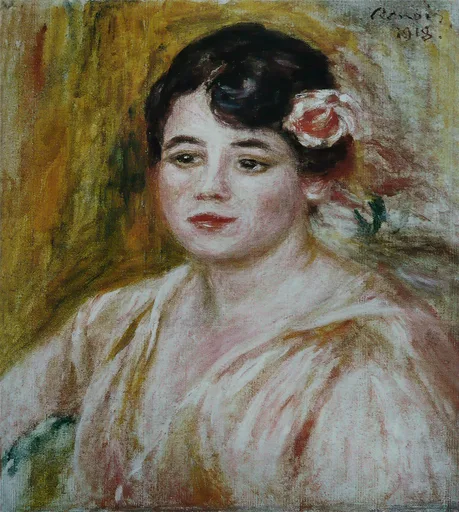 A dark-haired woman with a pink rose in her hair, shown head and shoulders in a loose white blouse, in ochre yellow and soft pink