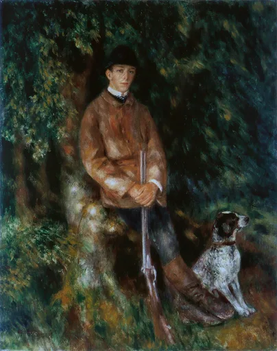 A young hunter in a brown jacket holds a rifle beside his spotted dog in a dark forest, painted in deep green, brown, and black.
