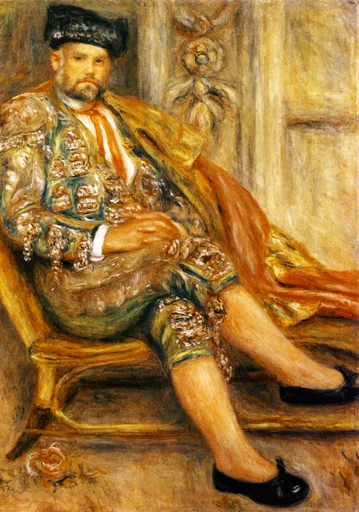 A bearded man in an embroidered toreador costume and black cap sits with legs crossed in an armchair, painted in gold, ochre, and green.