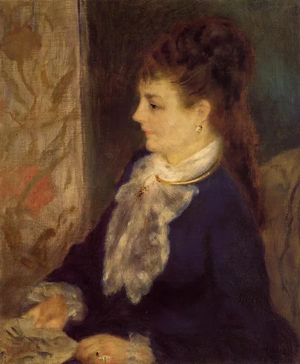 A profile portrait of a woman with upswept auburn hair and a white lace scarf over a dark blue coat, in deep navy, cream, and warm brown