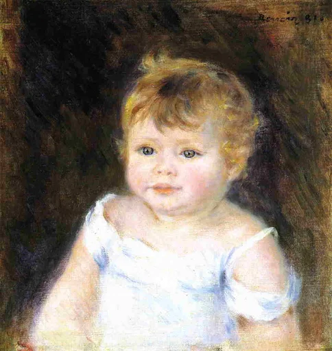 A rosy-cheeked infant with curly blond hair, wearing a white off-shoulder dress against a dark brown background.