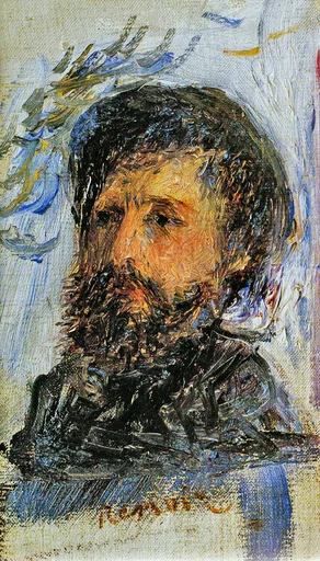 A boldly brushed sketch of a bearded man's head and shoulders, thickly painted against a loose pale grey background, in dark brown and grey tones.