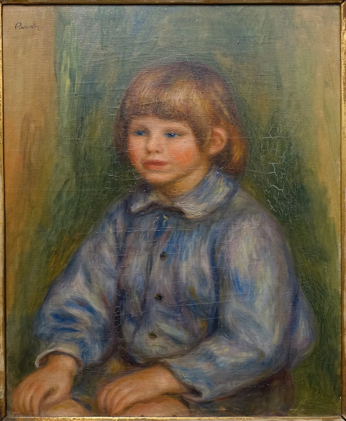 A rosy-cheeked young boy with a bowl haircut sits in a blue smock against a green background, in soft blue, green, and pink tones.