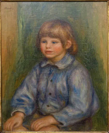 A rosy-cheeked young boy with a bowl haircut sits in a blue smock against a green background, in soft blue, green, and pink tones.