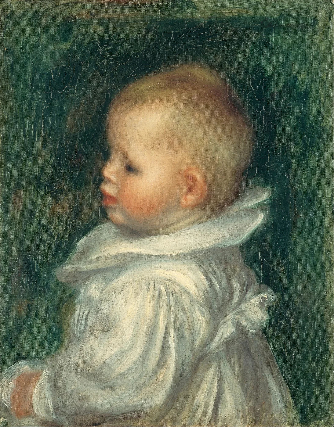 A blond baby in a white ruffled gown looks over its shoulder in profile, against a dark green background, in soft green, cream, and peach tones