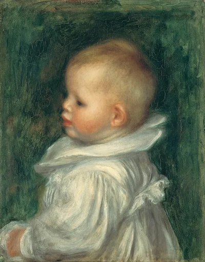 A blond baby in a white ruffled gown looks over its shoulder in profile, against a dark green background, in soft green, cream, and peach tones