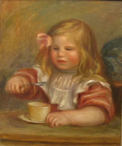 A blond child with a pink bow dips a spoon into a cup, wearing a white smock with red sleeves, against a warm ochre background, in gold and red tones.