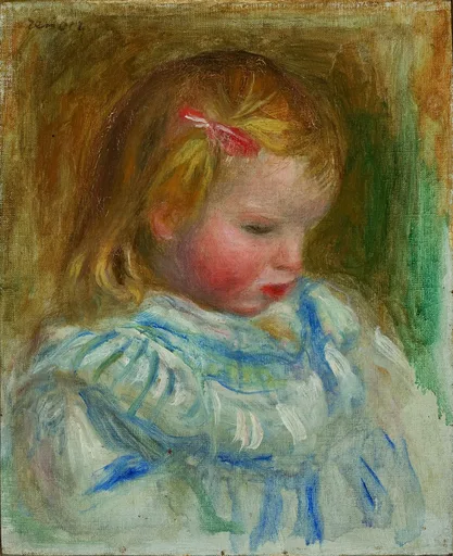 A rosy-cheeked child with a red ribbon in tousled blond hair looks down, in a blue and white smock, against a warm ochre background, in gold and blue tones.