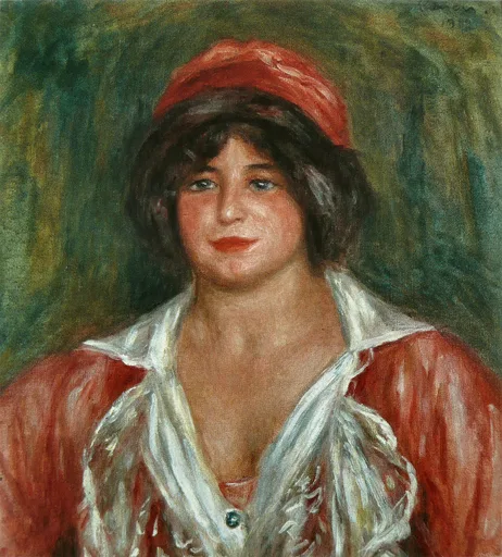 A young dark haired woman in a red cap and red jacket with an open white ruffled collar smiles gently against a mottled green background