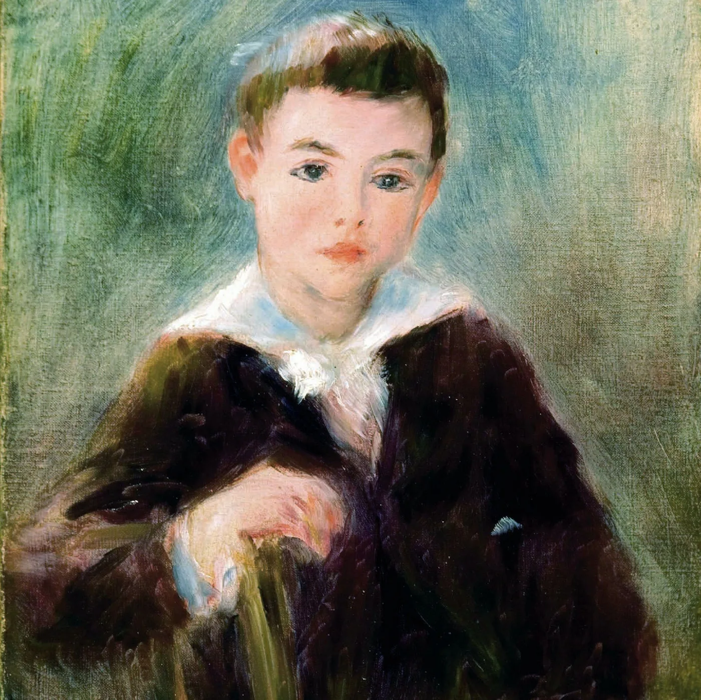 A young boy with dark hair and a white collar, wearing a dark coat, seated against a green and blue background.