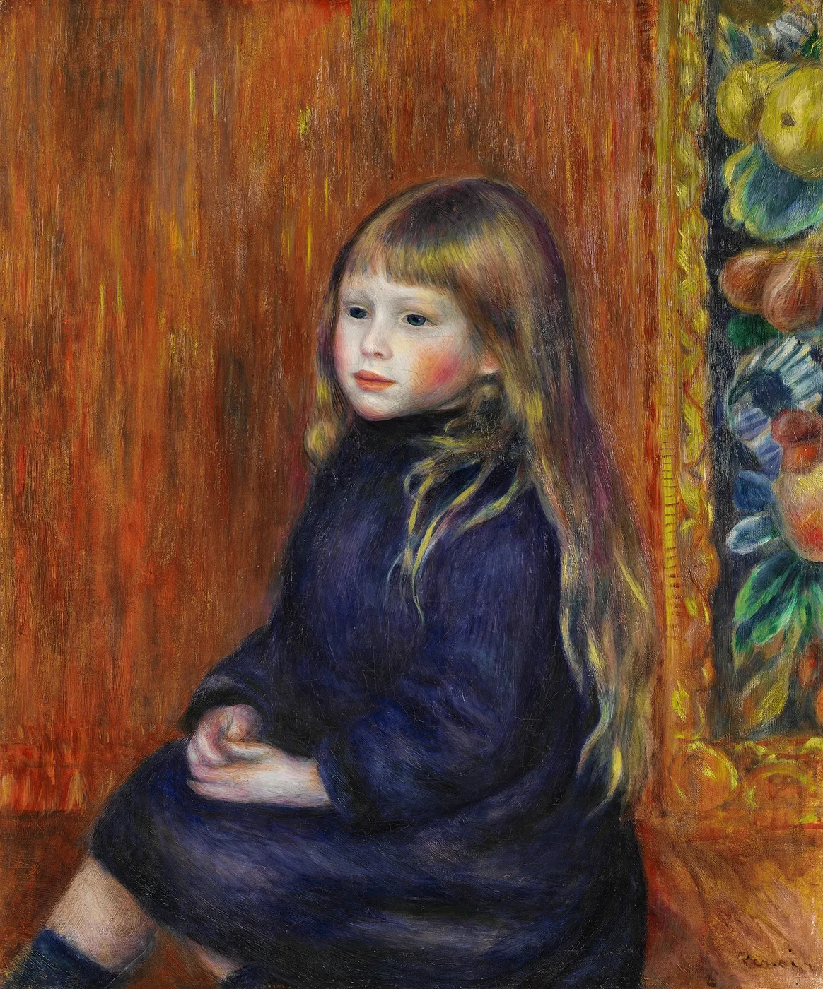 A young child with long fair hair and rosy cheeks sits in a dark blue outfit beside a floral panel, against a reddish-brown wall, in navy and rust tones.