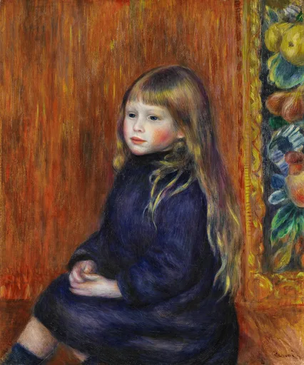 A young child with long fair hair and rosy cheeks sits in a dark blue outfit beside a floral panel, against a reddish-brown wall, in navy and rust tones.