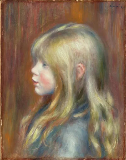 A child with long blond hair is shown in profile against a streaked red and brown background, in warm rust, gold, and cream tones