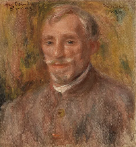 A smiling grey-moustached man in a high collar and jacket is rendered in loose brushwork, against a warm gold and green background, in ochre and cream tones.