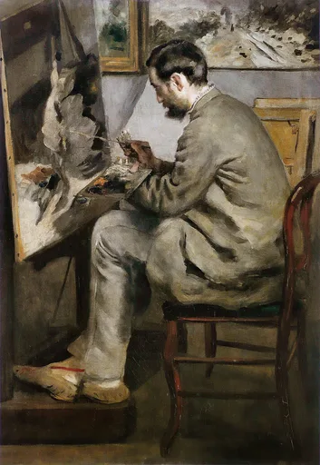 A bearded man seated on a chair painting at an easel in a studio, rendered in muted grey, brown, and pale ochre