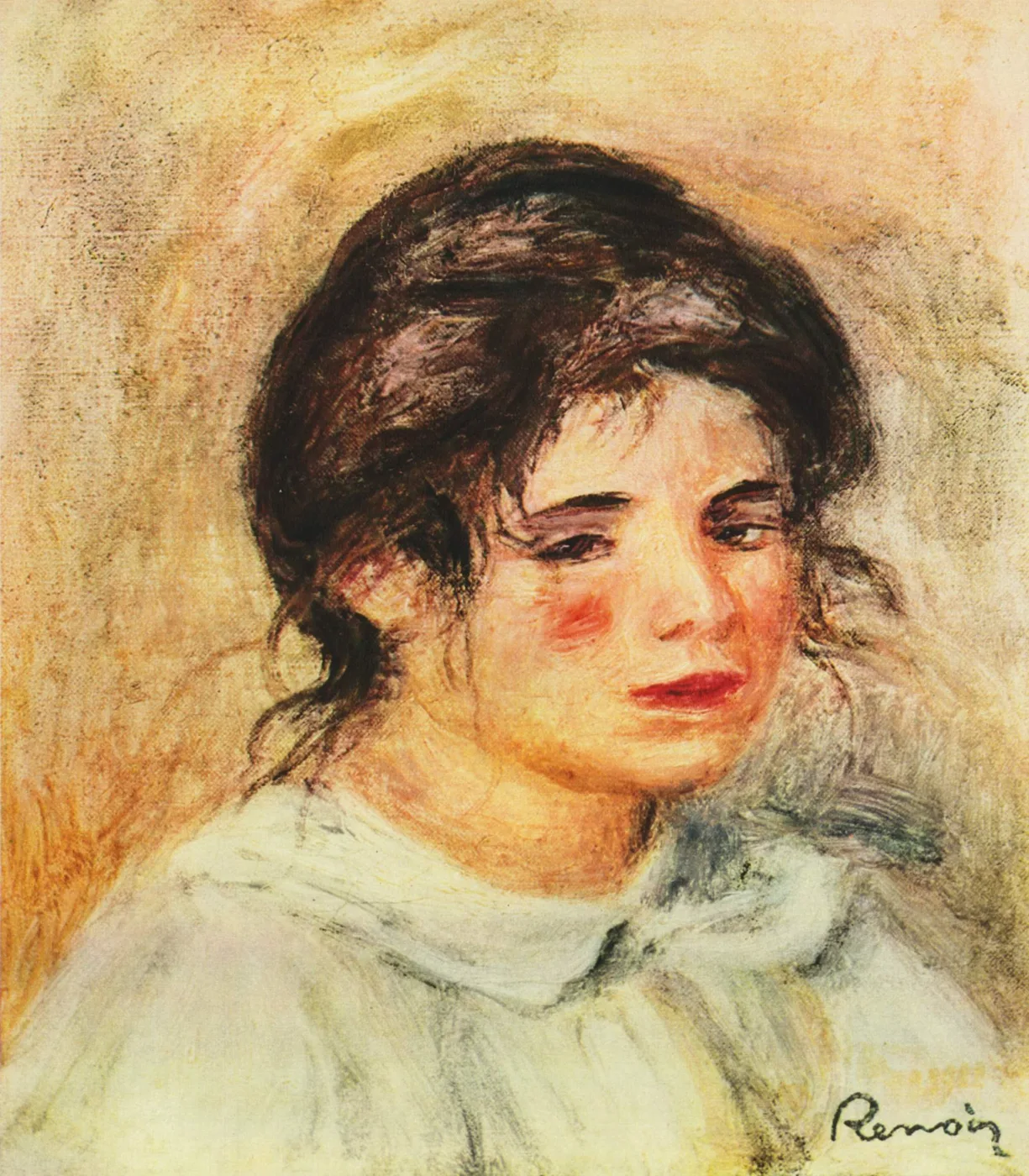 A close-up portrait of a dark-haired woman in a white blouse against a warm ochre background, in amber, rose, and cream tones