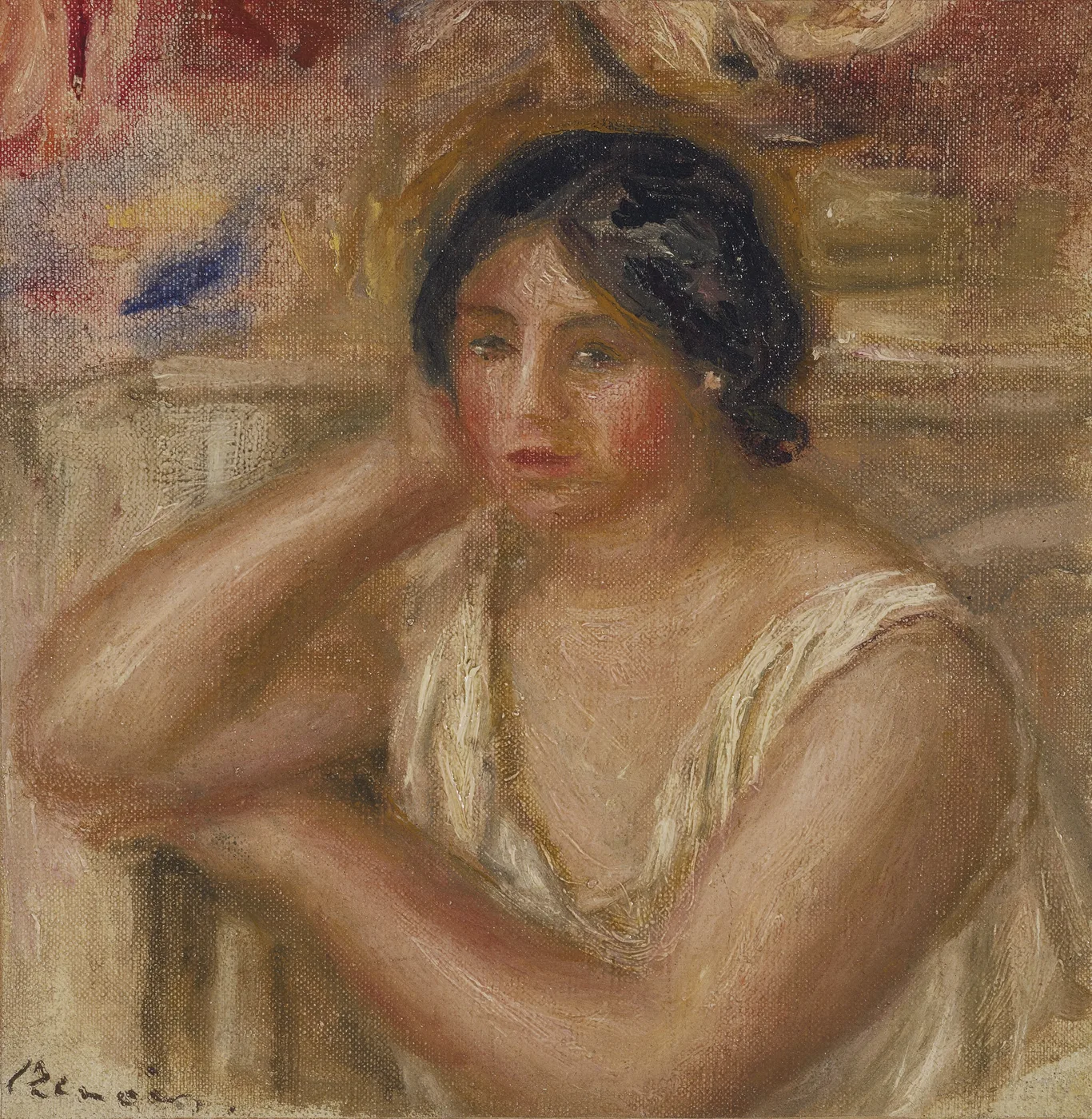 A dark-haired woman in a loose ivory blouse resting her head on her hand, in warm flesh tones, cream, and muted red
