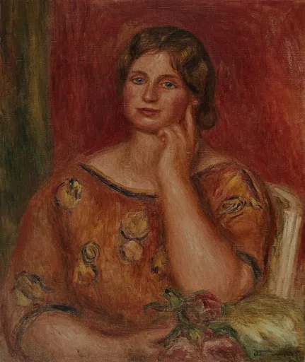 A woman resting her chin on her hand, wearing a patterned orange dress against a deep red background, in warm red, ochre, and brown