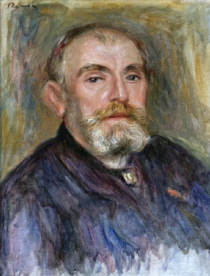 Close-up portrait of a balding, bearded man in a loosely painted blue jacket, gazing sideways against a mottled background.