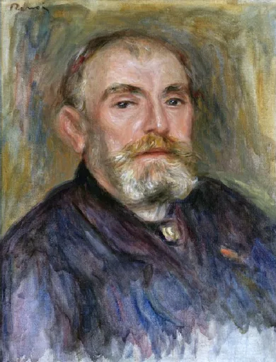 Close-up portrait of a balding, bearded man in a loosely painted blue jacket, gazing sideways against a mottled background.