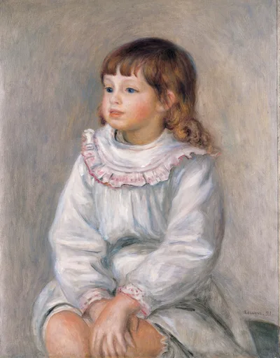 A seated child with reddish curls in a white ruffled dress with pink trim, against a soft grey background, in white, blush, and warm brown