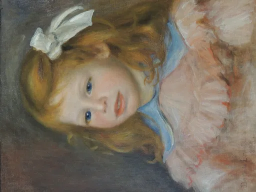 A young girl with strawberry blonde hair and a large white bow wears a pink ruffled dress with a pale blue collar, against a dark brown background